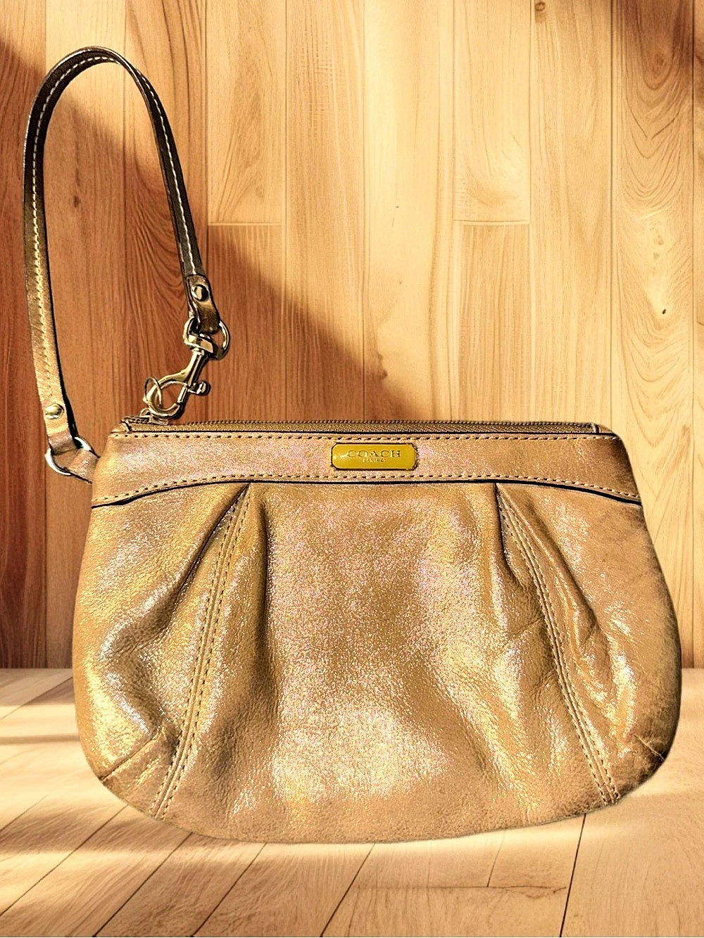 Coach F46484 Metallic Champagne Pleated Leather Medium Wristlet